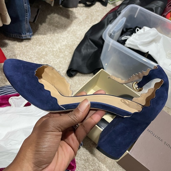 Chloé | Women's Navy Lauren Scalloped Suede D'orsay Block Heel Pumps - Picture 9 of 9